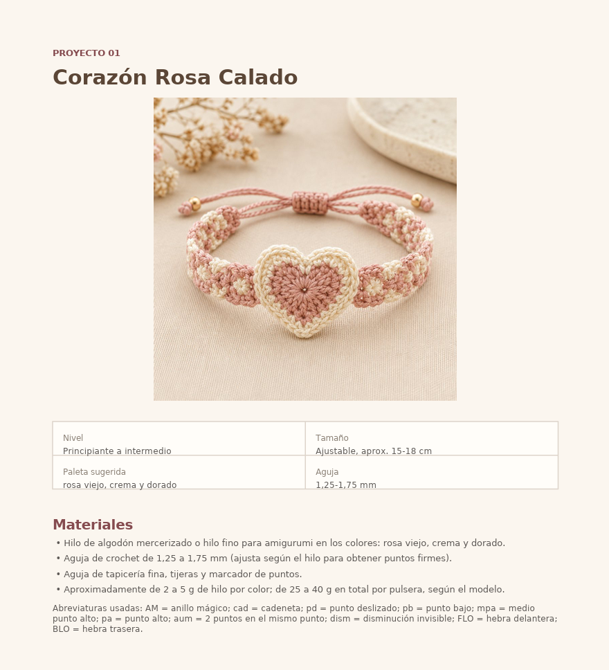Página del PDF: Pulsera Corazón Rosa Calado con materiales, colores sugeridos, abreviaturas y paso a paso