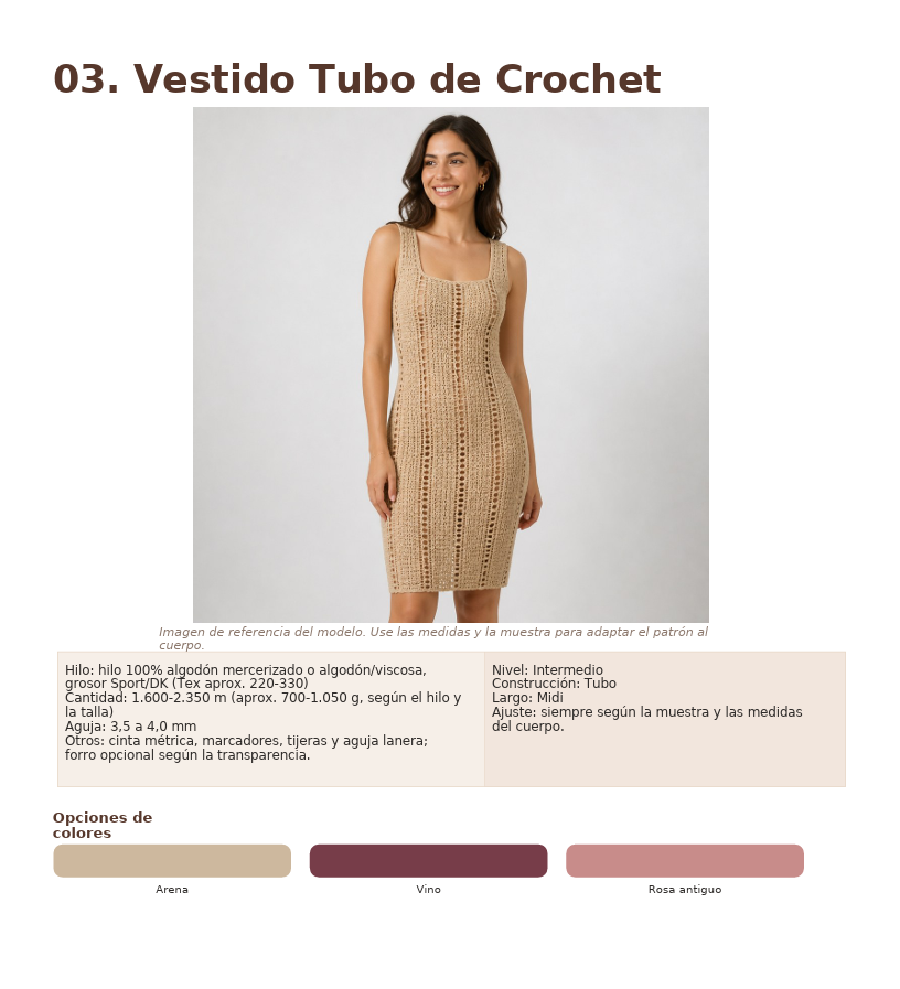 Página de la guía con el modelo 03 Vestido Tubo de Crochet y opciones de colores
