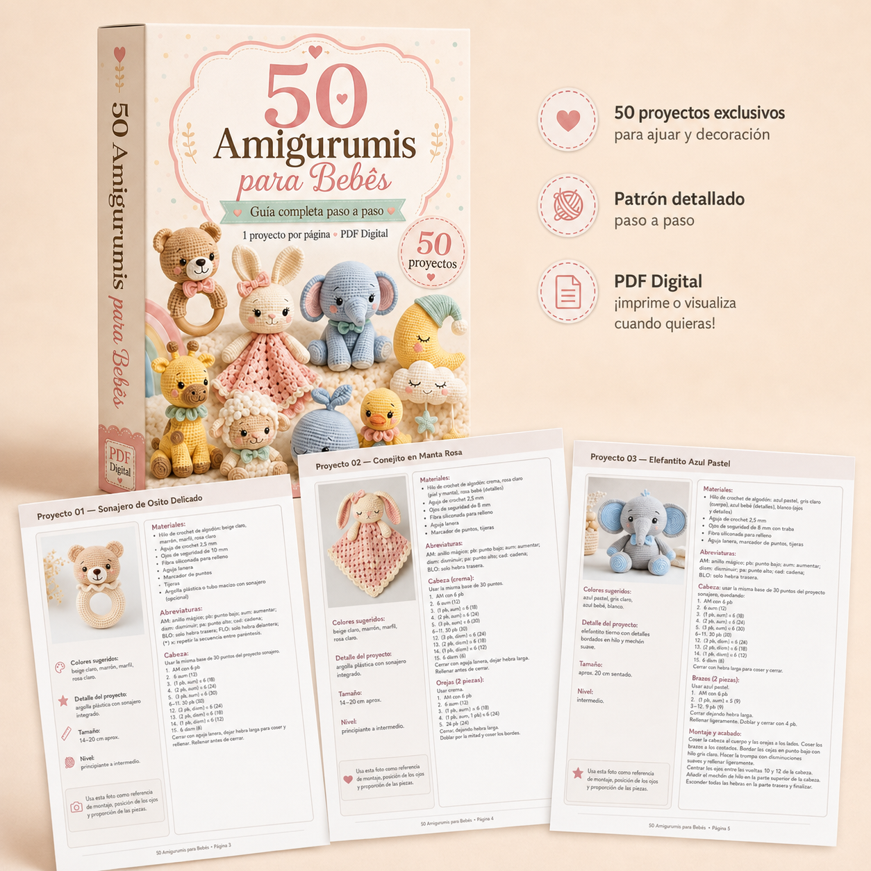 Caja del material con las páginas internas de los amigurumis para bebés