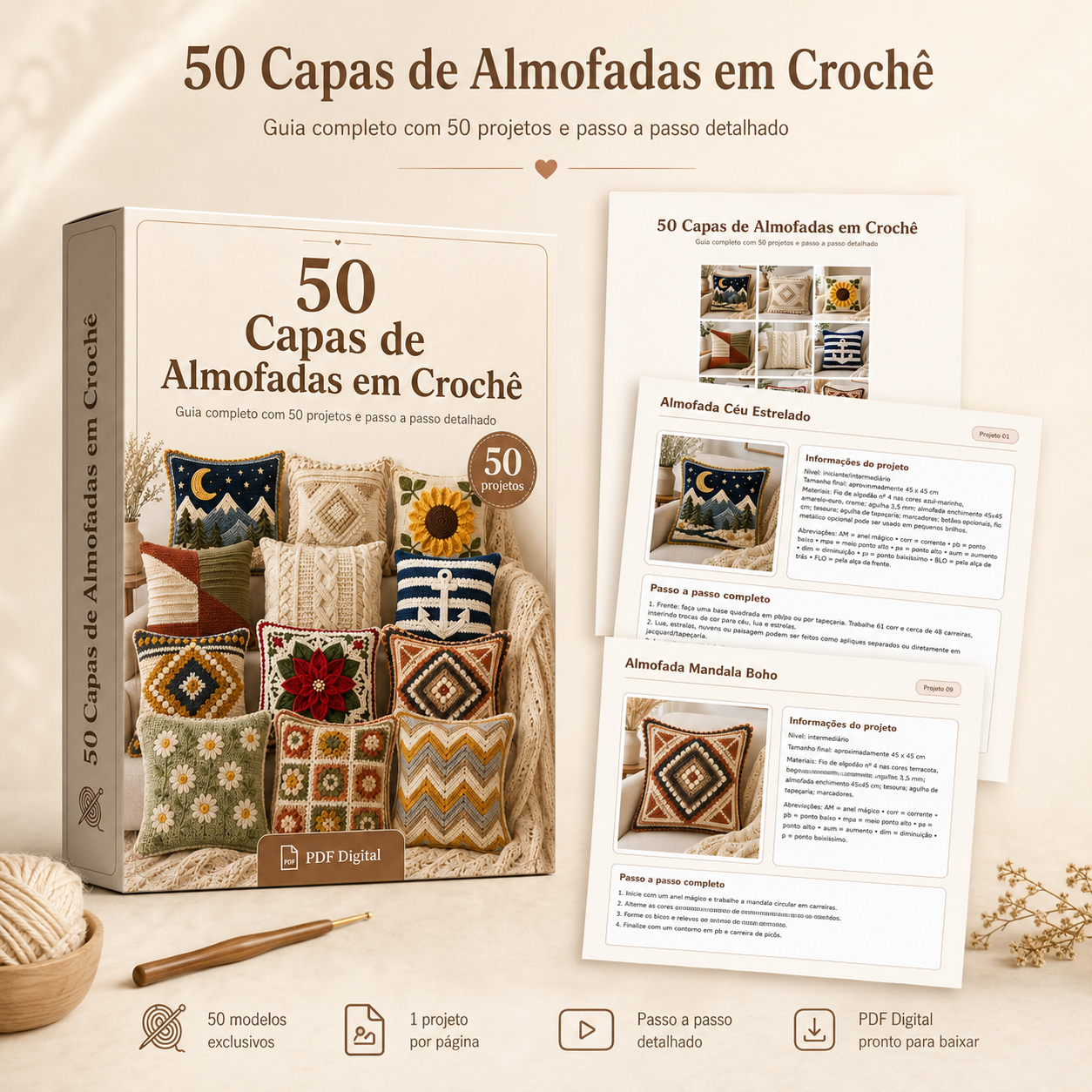 Caixa do material com as páginas internas das capas de almofadas em crochê