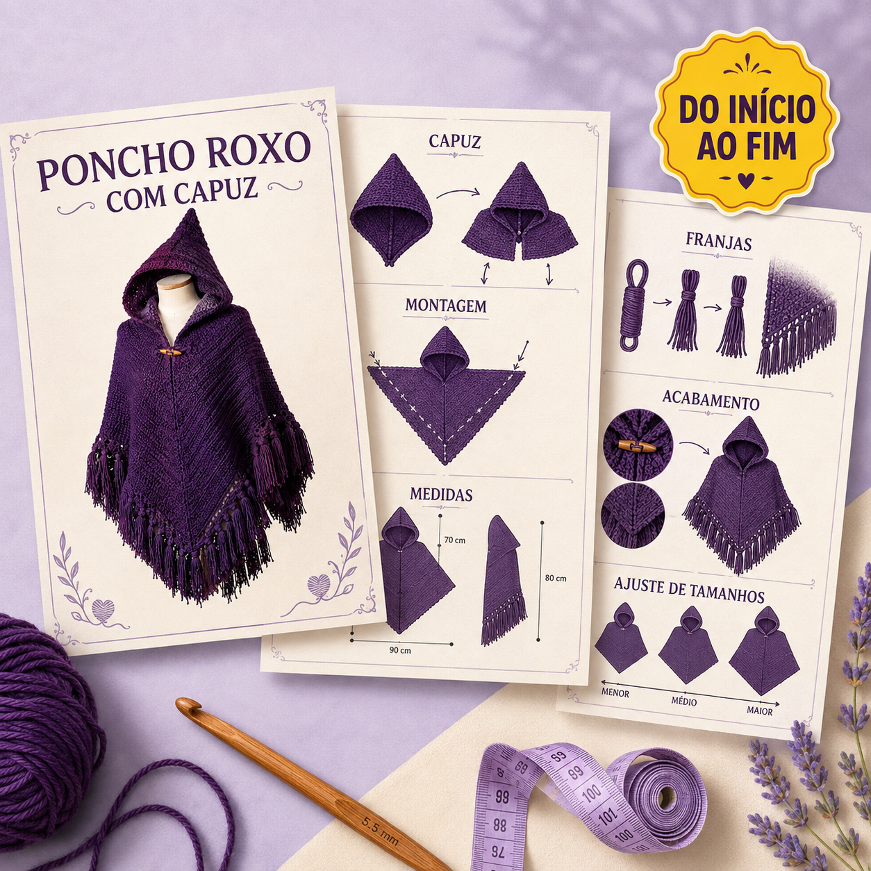 Página do guia com o Poncho Roxo com Capuz, montagem, franjas e ajuste de tamanhos